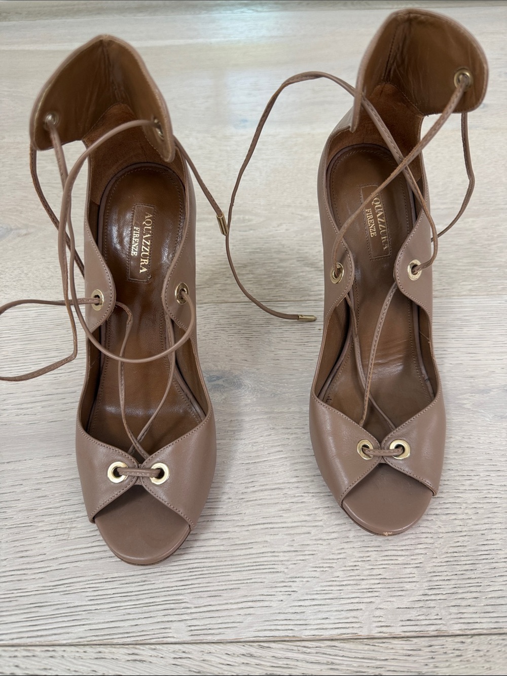 Aquazzura Tan Brown Leather Lace-Up Peep-Toe Heels